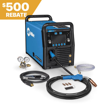 Miller Millermatic 255 MIG/Pulsed MIG Welder 208/240V with cables, accessories, and 500 rebate banner in top left corner.