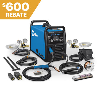 Miller Multimatic 220 AC/DC, SKU 907757, shown with cables; 600 rebate badge in upper left corner.