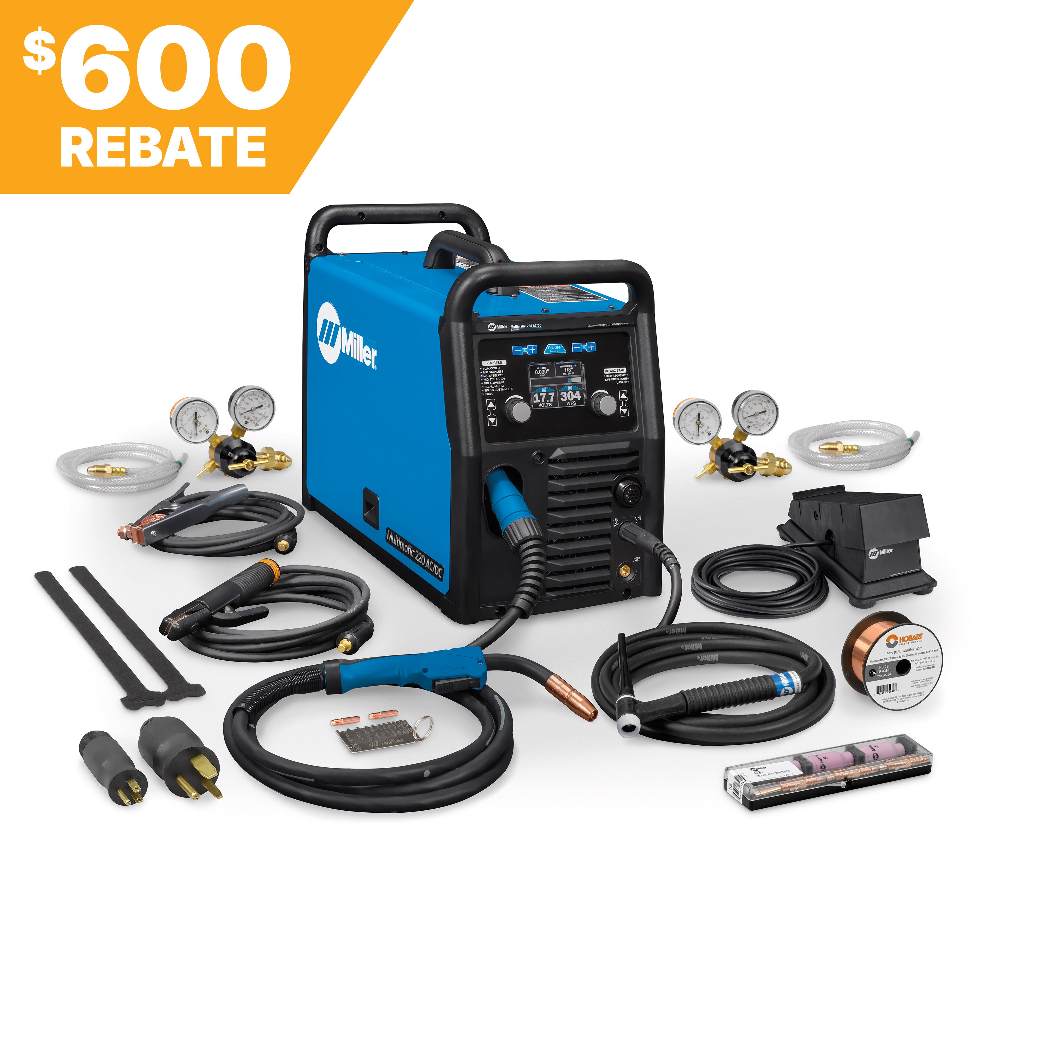 Miller Multimatic 220 AC/DC Welder shown with wireless foot control, accessories, and 600 rebate label in top left corner.