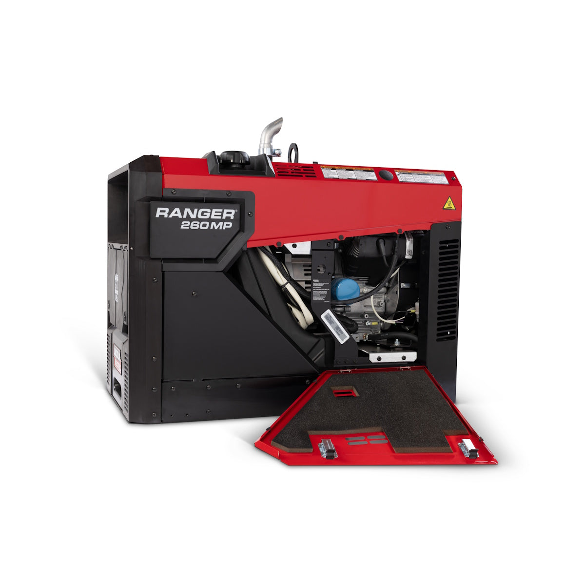 Lincoln Ranger 260MP K5937-1 welder, red/black, open side panel exposing inner components.