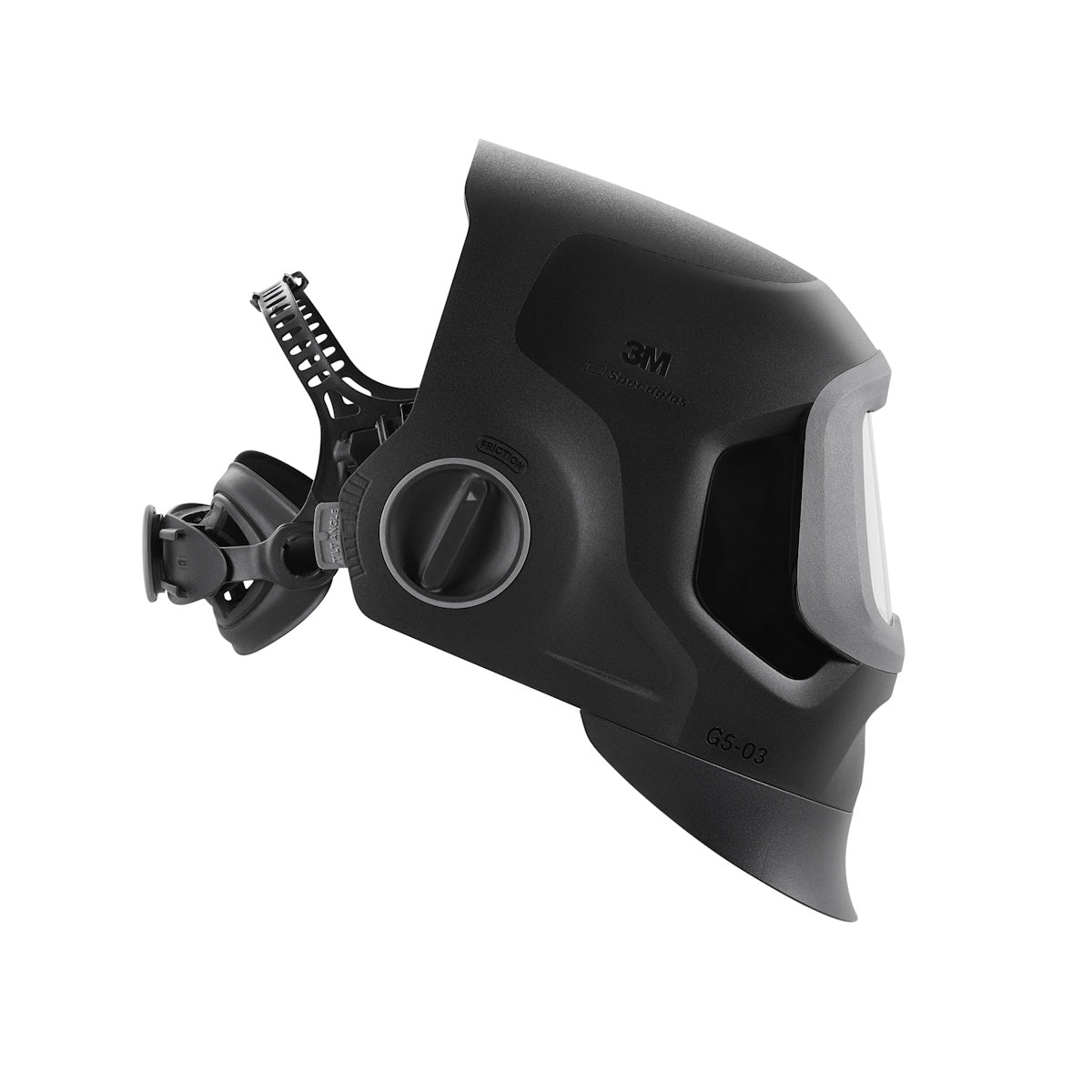 3M Speedglas G5-03 Pro Variable Color Welding Helmet shown in black with clear visor, adjustable strap, viewed from the side.
