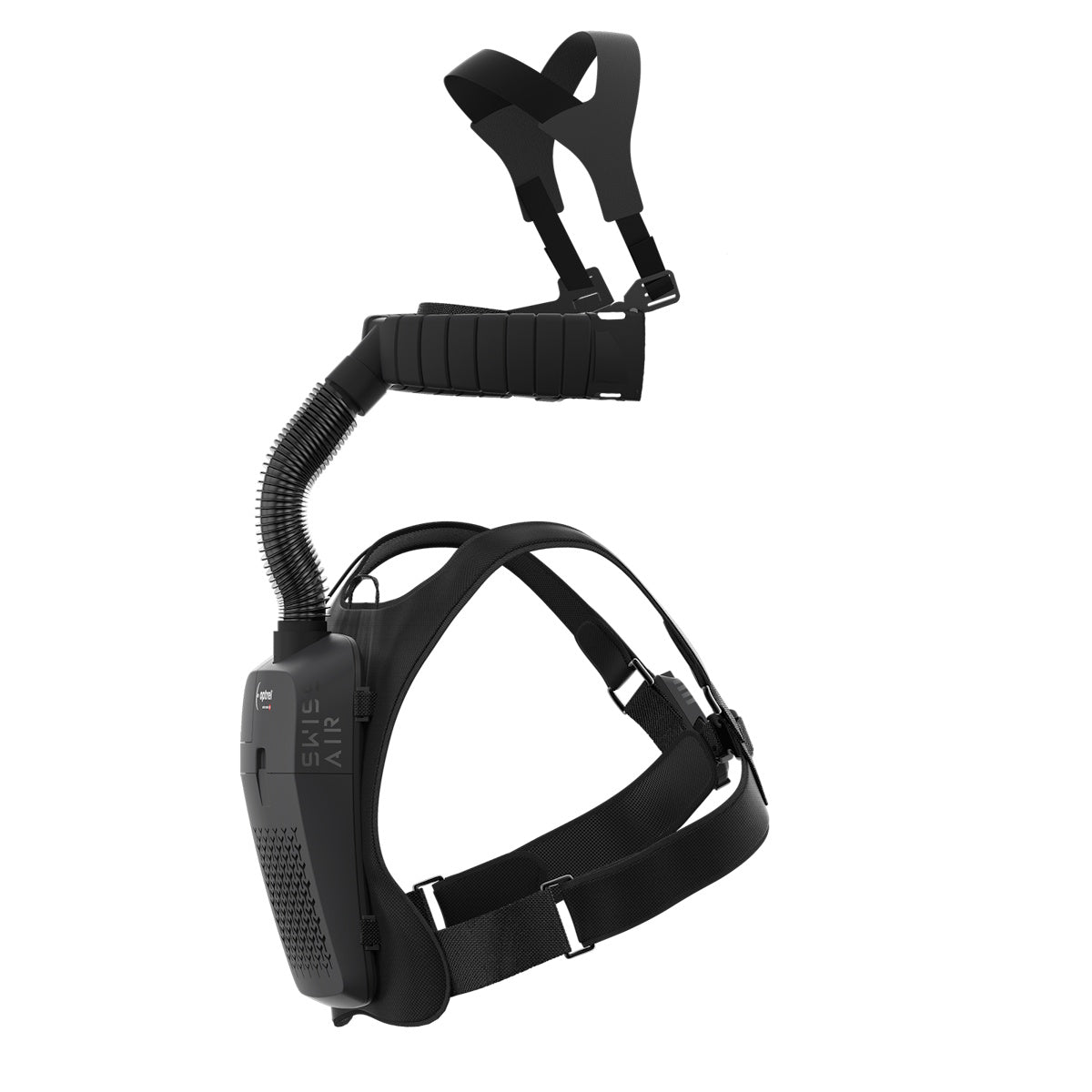Optrel Swiss Air Tight Fit Respirator, PAPR: tight-sealing facepiece, hose, filter; 99.97 filtration efficiency.