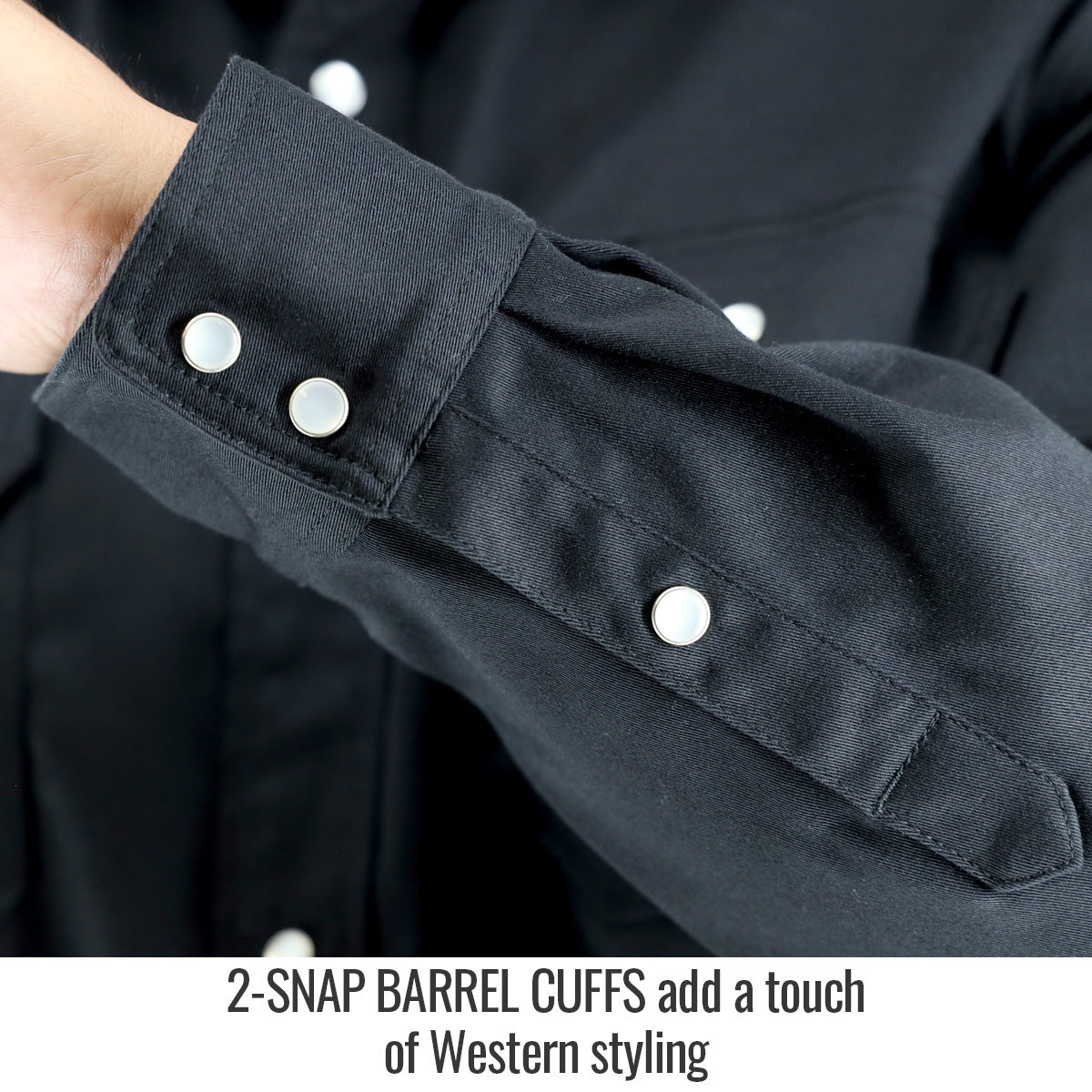 BSX 7oz AR/FR Cotton Work Shirt WF3530-BK sleeve close-up showing two silver cuff snaps.
