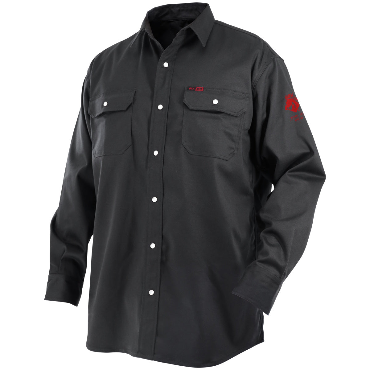 Black Stallion BSX WF3530-BK shirt: 7oz black AR/FR cotton, two chest pockets, red logo on left sleeve.