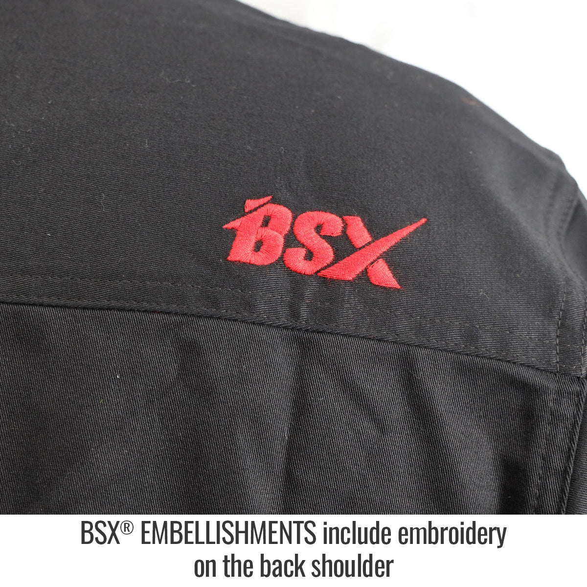 WF3530-BK: Red BSX embroidery adds standout detail to the back shoulder of this Black Stallion FR shirt.