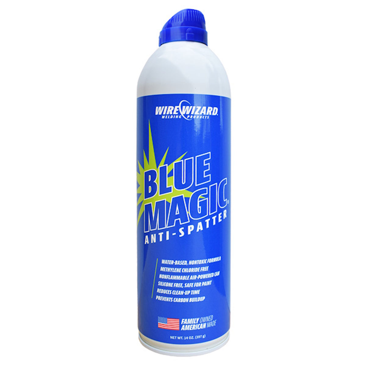 A tall blue and white 14oz can labeled "Wire Wizard Blue Magic Water Based Anti Spatter (EAS1000-CSC)" sits upright. It's a non-flammable, USA-made air-powered welding spray.