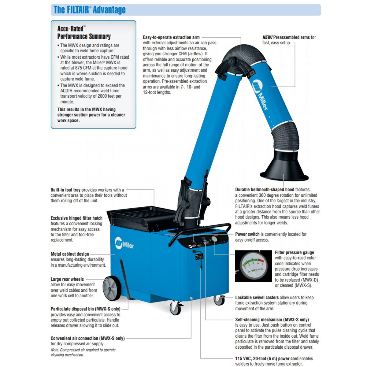 Miller Filtair MWX-S Fume Extractor w/7-ft Extraction Arm (951510)