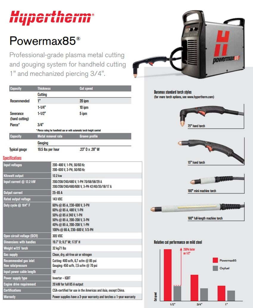 Hypertherm Powermax 85 Plasma w/CPC and 25' Mech Torch Pkg (087115)