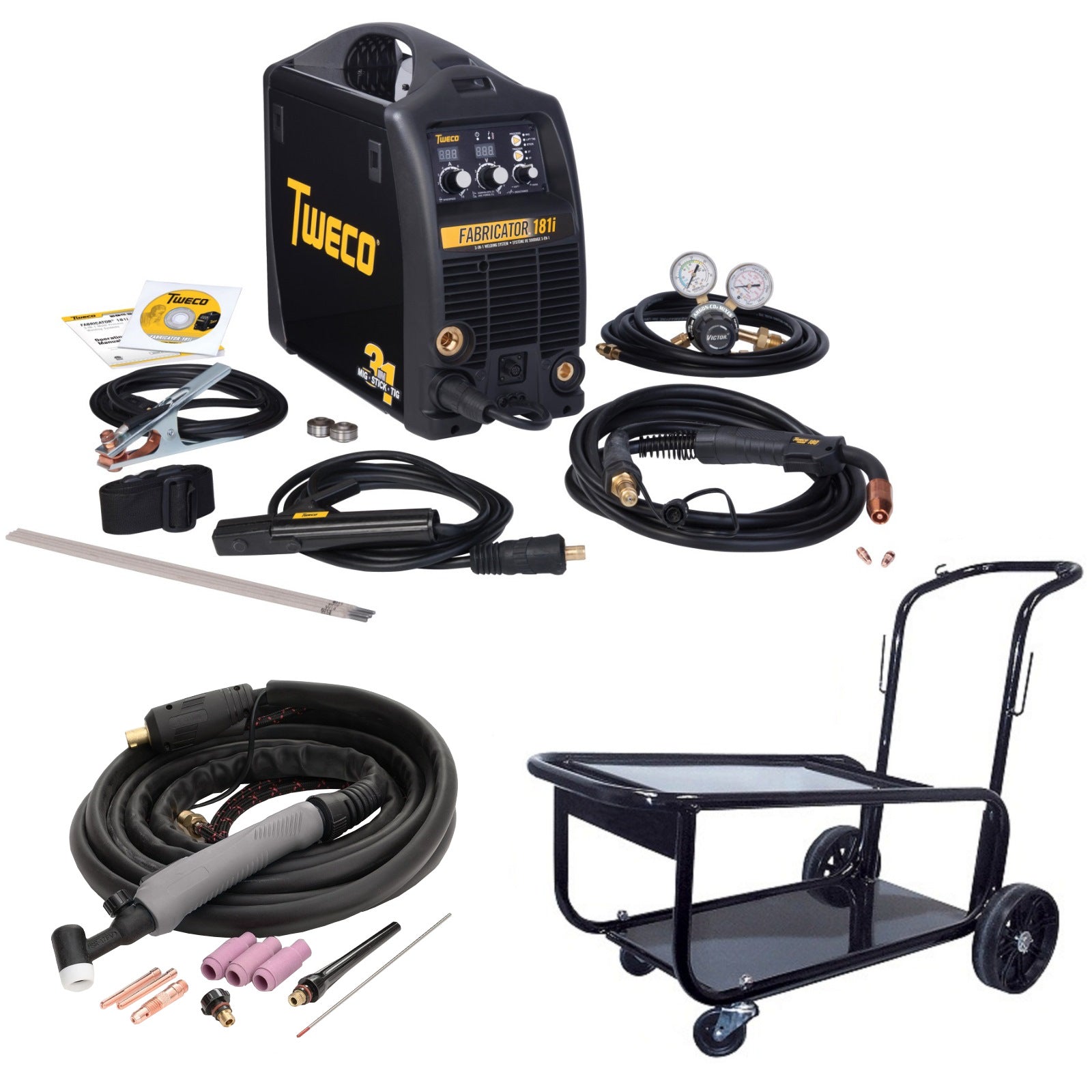 Tweco Fabricator 181I MIG, TIG & Stick Welder Pkg with Cart & Tig Torch (W1003182 & W4013802)