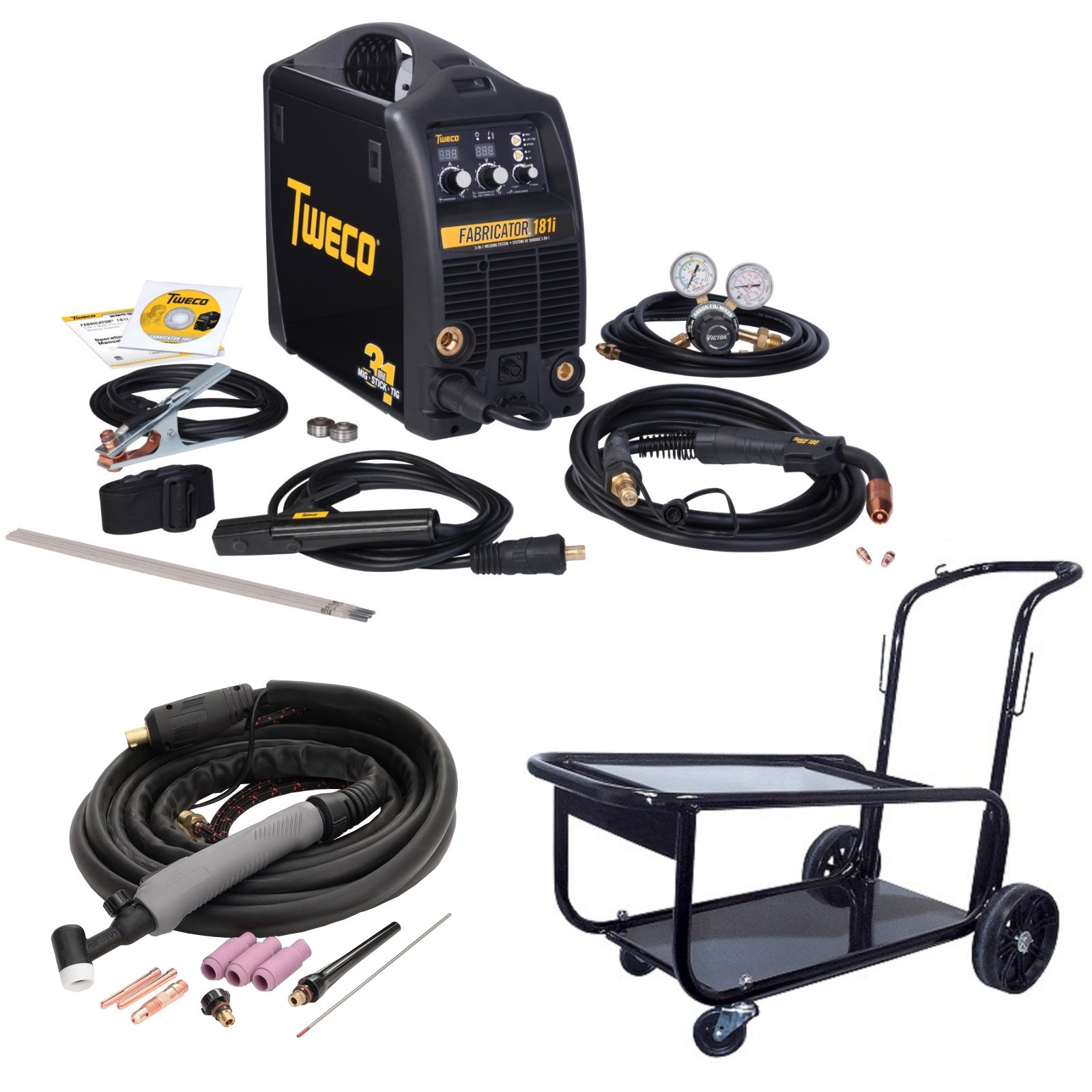 Tweco Fabricator 181i MIG, TIG & Stick Welder Pkg with Cart & TIG Torch (W1003182 & W4013802)